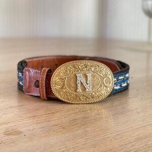 Vintage Crumrine Braided Belt Initial N Gold Tone Bronze Western Womens Size 28